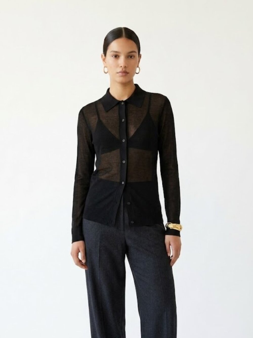 MNG Mango Black Semi Sheer Ribbed Button Down Top Mesh Y2K Minimalist Size M